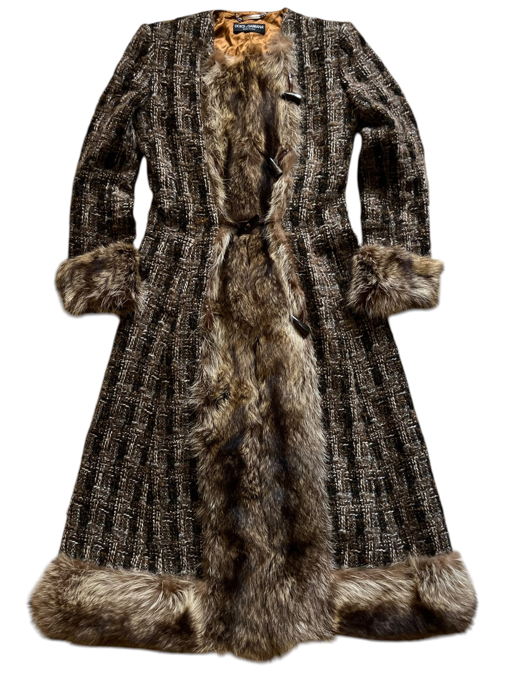 2000s Archival Dolce & Gabbana Tweed Wool Raccoon Fur Trim Maxi Coat