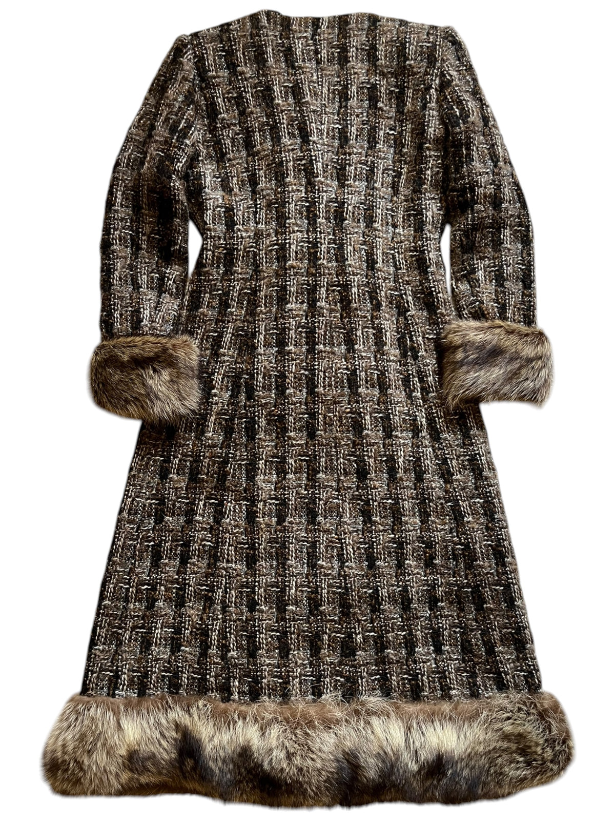 2000s Archival Dolce & Gabbana Tweed Wool Raccoon Fur Trim Maxi Coat