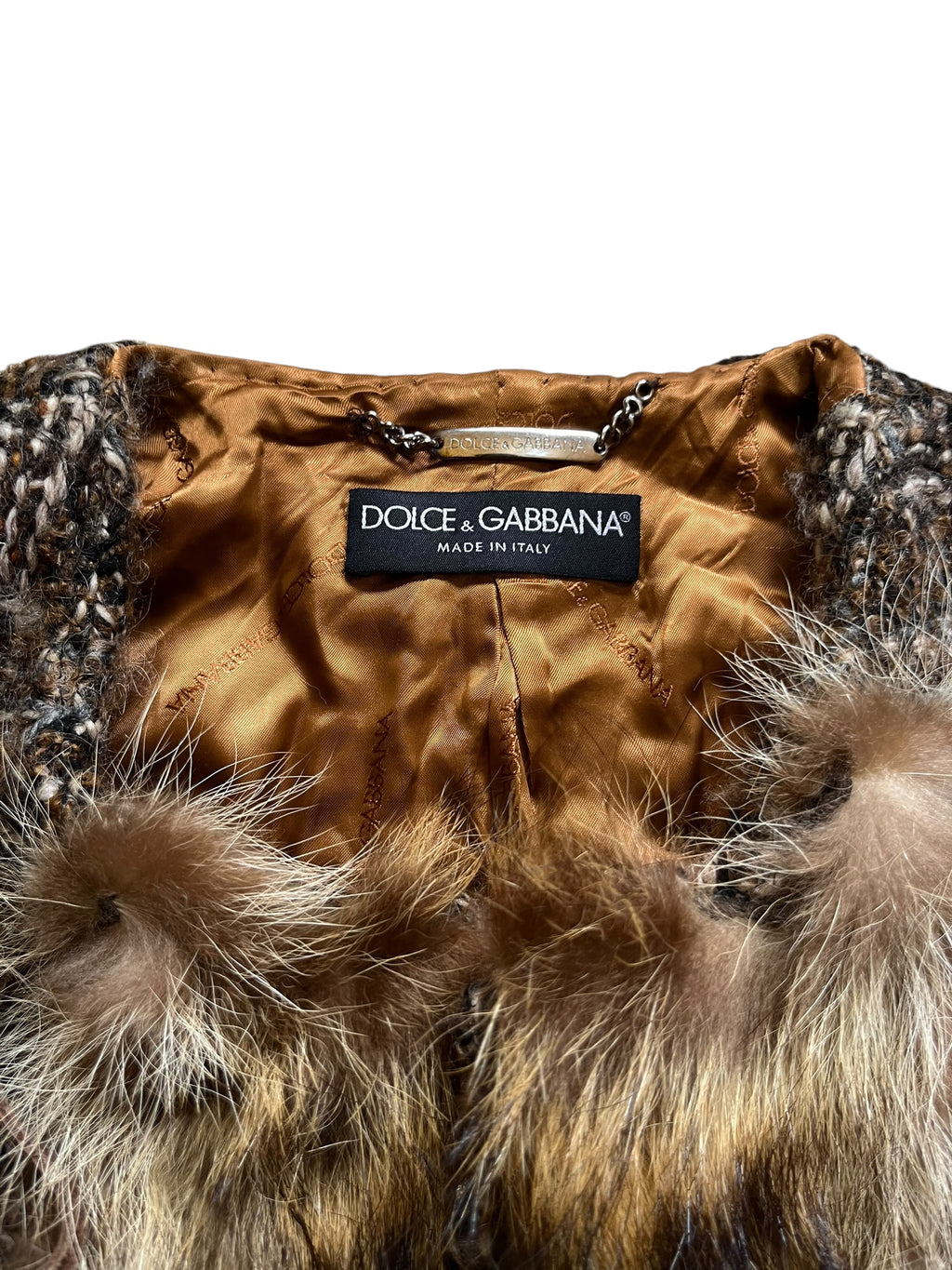 2000s Archival Dolce & Gabbana Tweed Wool Raccoon Fur Trim Maxi Coat