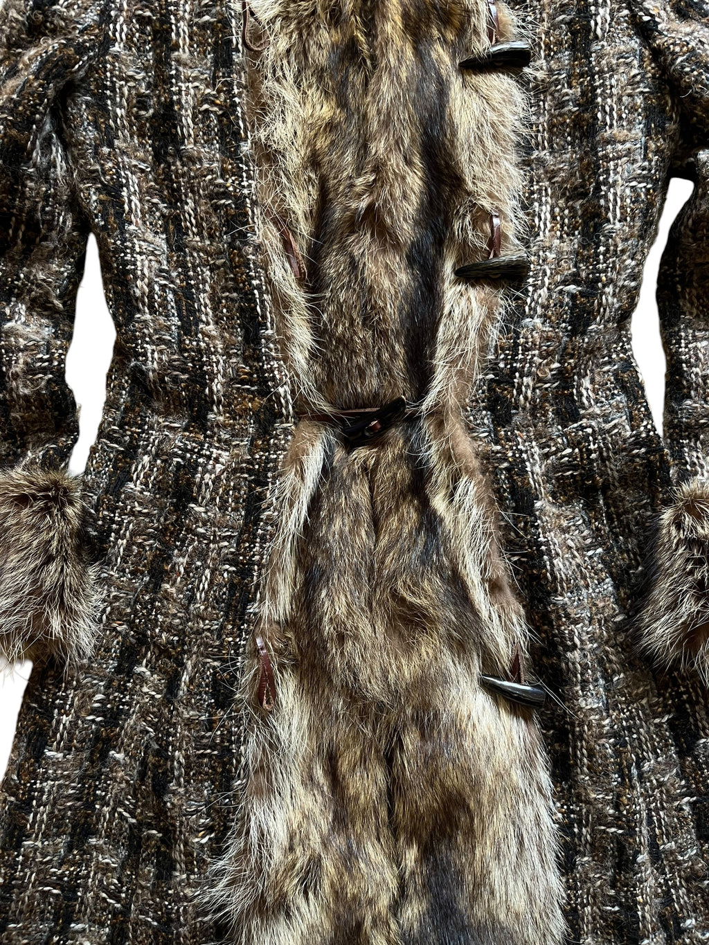 2000s Archival Dolce & Gabbana Tweed Wool Raccoon Fur Trim Maxi Coat