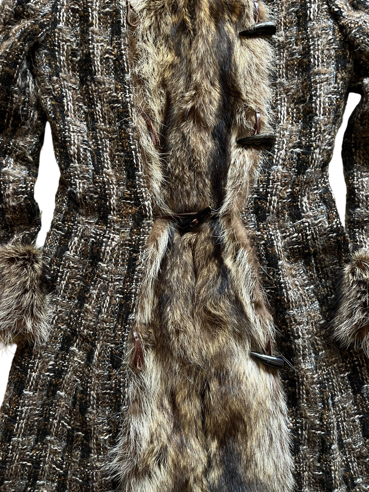 2000s Archival Dolce & Gabbana Tweed Wool Raccoon Fur Trim Maxi Coat