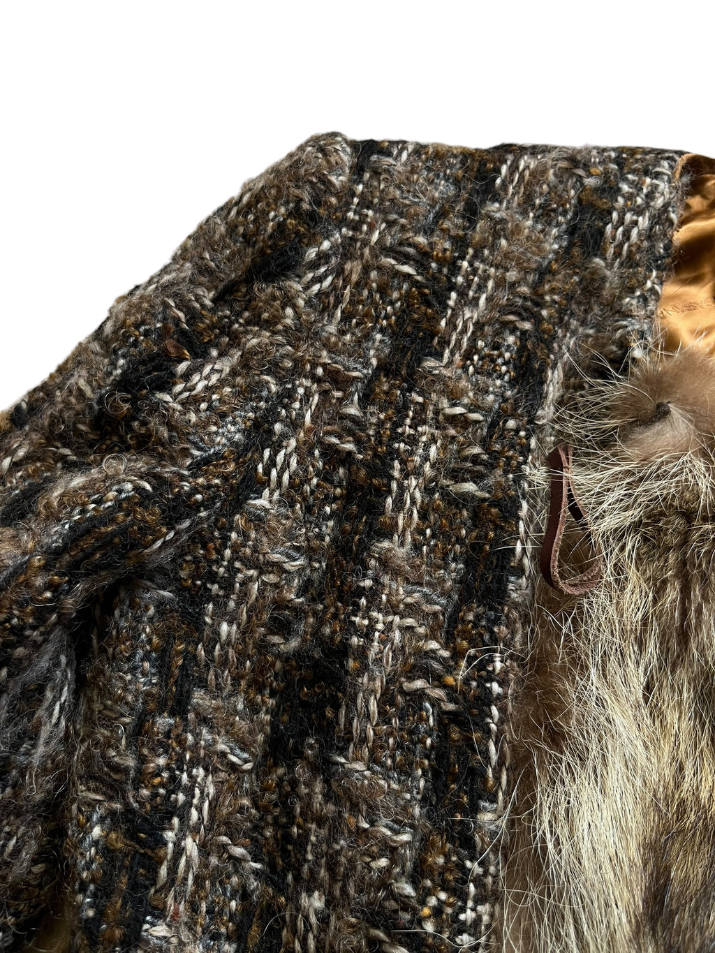 2000s Archival Dolce & Gabbana Tweed Wool Raccoon Fur Trim Maxi Coat
