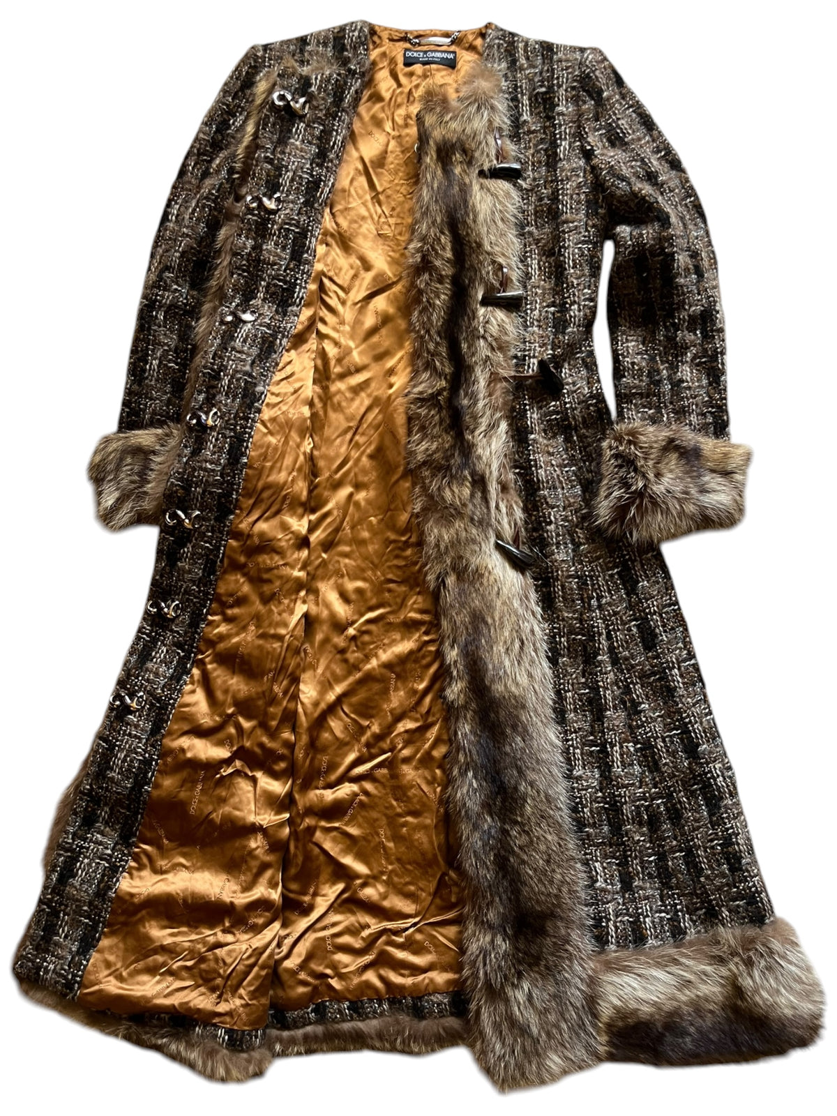 2000s Archival Dolce & Gabbana Tweed Wool Raccoon Fur Trim Maxi Coat