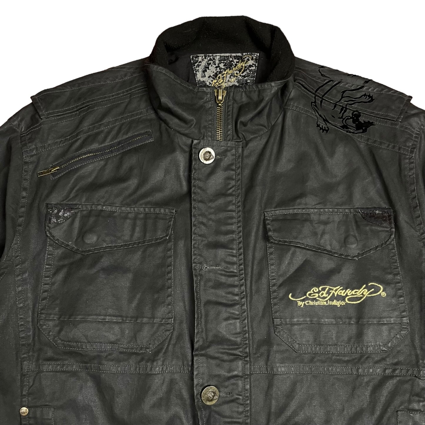 Y2k Ed Hardy Waxed Denim Motorcycle Jacket