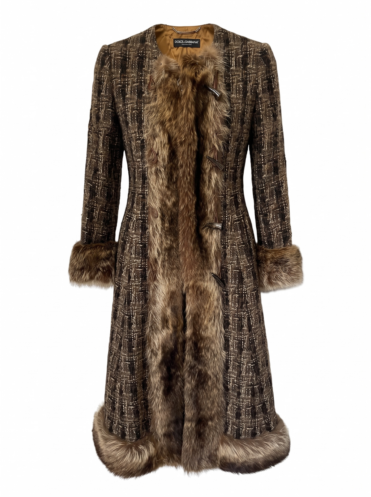 2000s Archival Dolce & Gabbana Tweed Wool Raccoon Fur Trim Maxi Coat