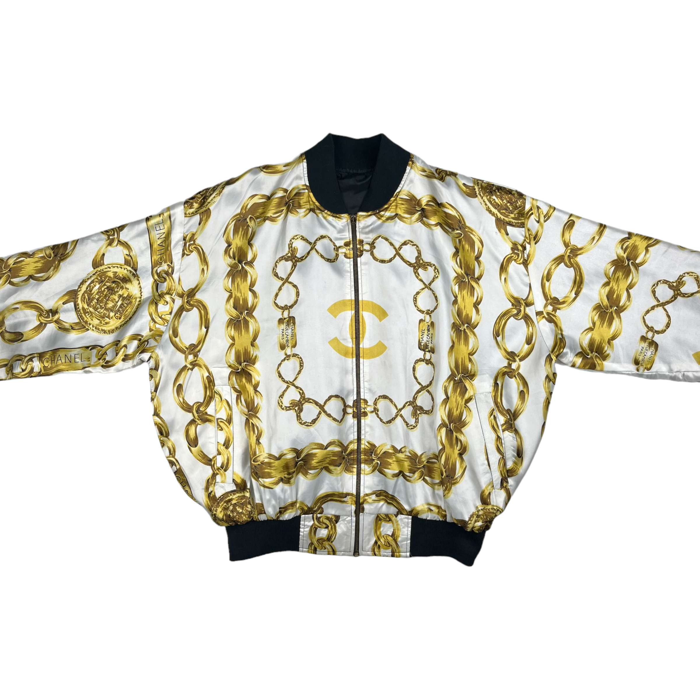 VTG 90s Chanel Gold Chain All over Bomber Silk Jacket M satin gold 80s  wwwhidalgomoncicom